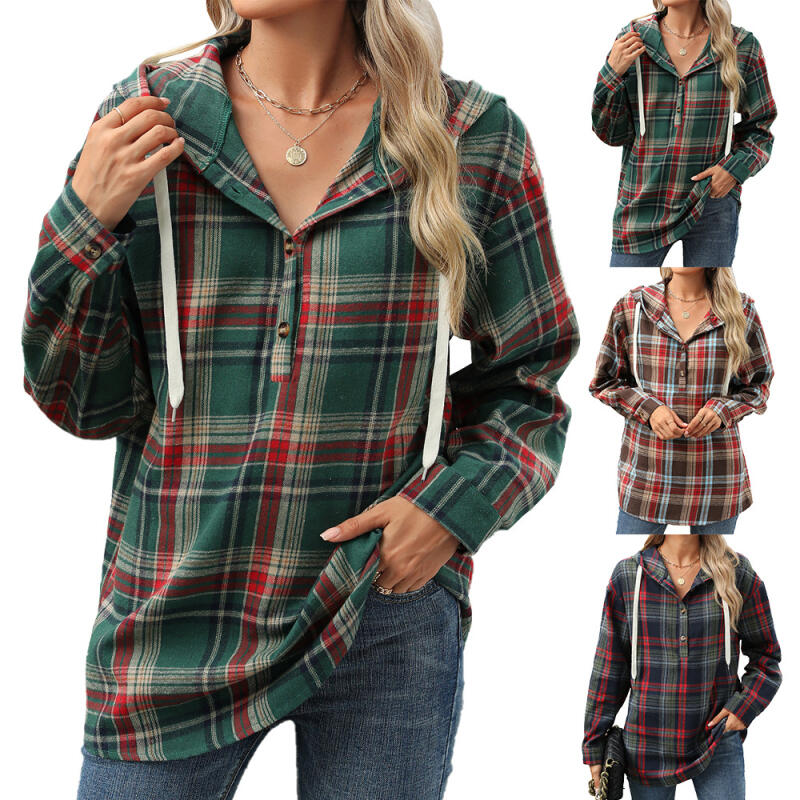 Oversized Hooded Sweatshirt Women with Plaid Pattern & Button Detail, Long Sleeve Casual Pullover for Fall Winter - S to XXL