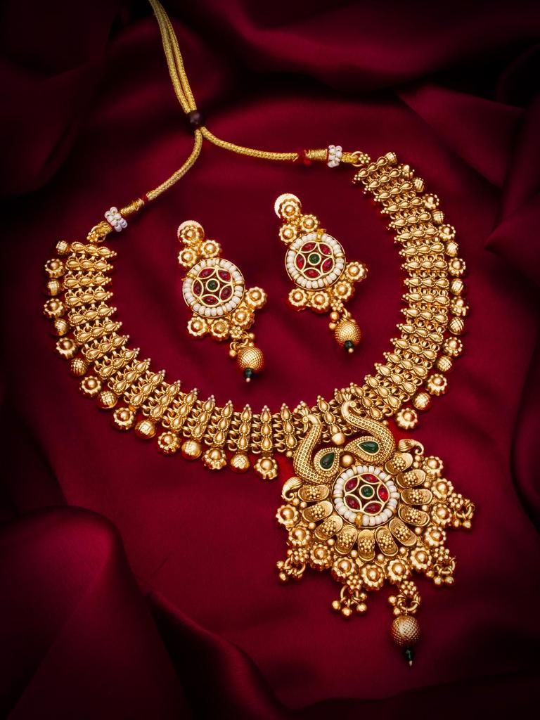 Gold-Plated White Stone-Studded & Beaded Temple Jewellery Set