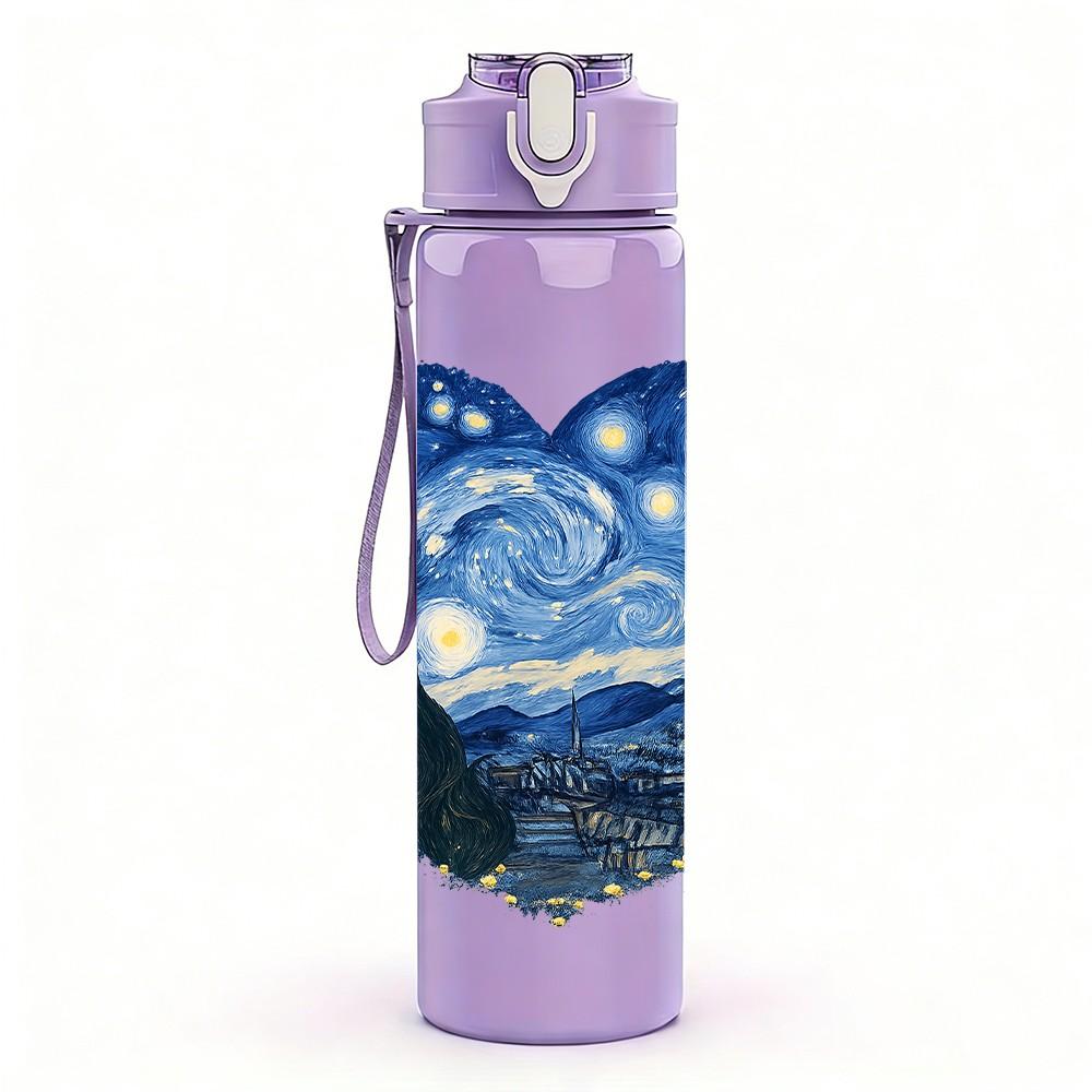 1PC Starry Night Heart Art 750ml Color Plastic Sports Water Bottle Leakproof Flip Straw Lid Suitable for Sports Office Home Use
