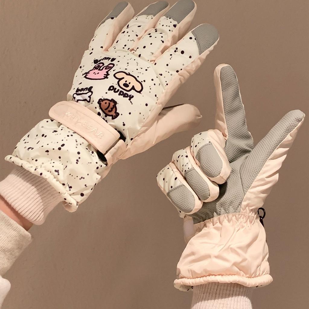 Printed ski waterproof gloves female winter cute rabbit riding touch screen velvet warm windproof and cold proof electric car