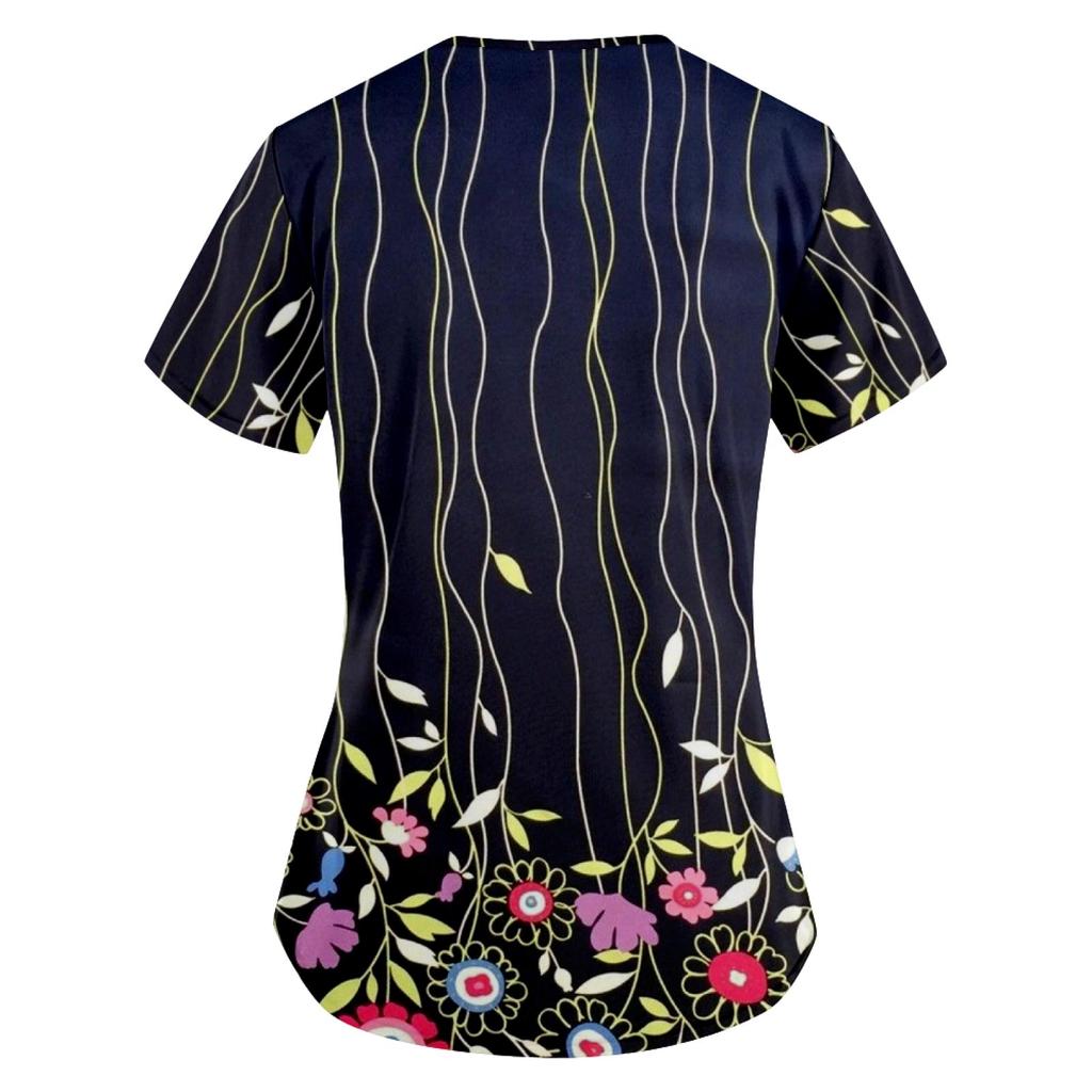 Women's Fashion Printed Work Uniform With Pocket T-Shirt Short Sleeve Top