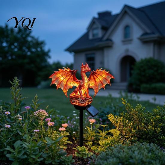 Fiery Dragon Garden Sculpture Solar Light, Fantasy Yard Stake, Waterproof Resin Ornament Gifts for Fans Statue Pathway Light Lawn Patio Decor