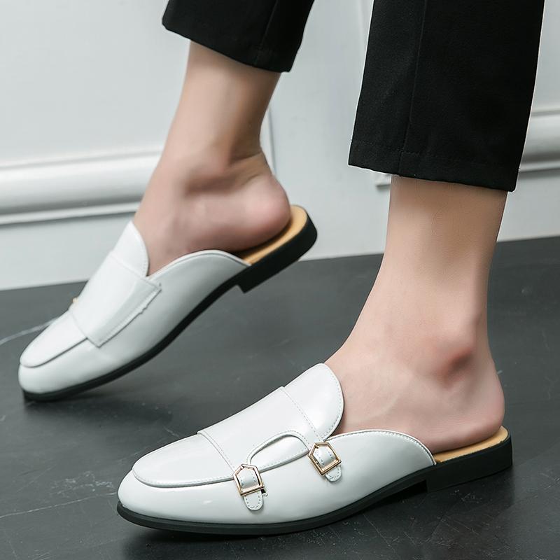 Fashion New Men's White Monk Strap Half Slippers Driving Shoes Casual Patent Leather Mules Moccasins Breathable Loafers Zapatos Hombre
