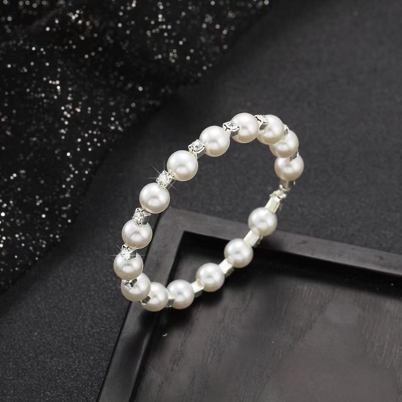 Multi-layer Pearl & Rhinestone Elastic Bracelet - Bridal Open Wrap Design