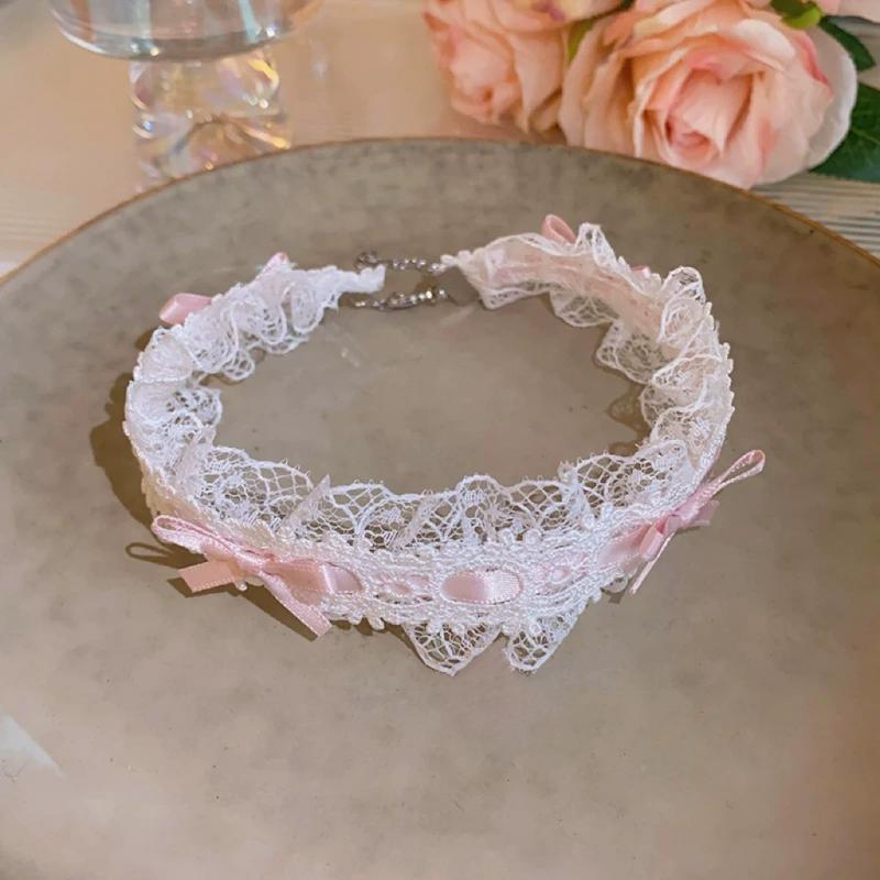 Cute Bowknot Lace Necklace Love Heart Pendant Cloth Lace Chain Choker Female Fashion Lolita Cosplay Jewelry Accessories