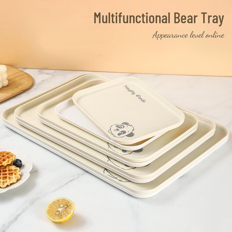 Cream Style Little Bear Rectangular Tea Tray for Cups, Snacks, and Fruits