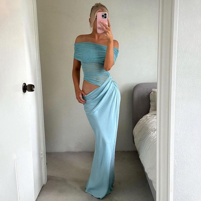 Ruched Irregular Dress Women Mesh Patchwork Slash Neck Short Sleeve Skinny Stretch Trend Elegant Long Bodycon Outfits