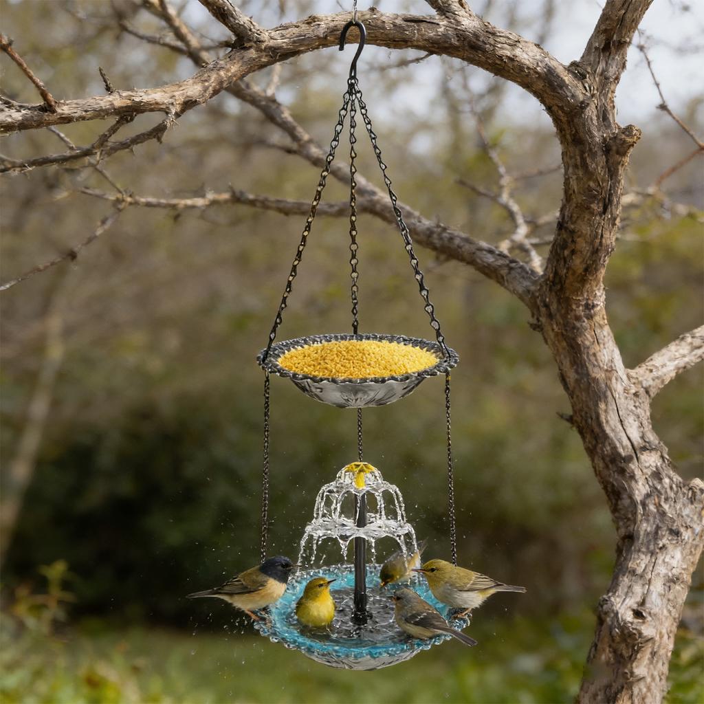 Double Layer Solar Powered Cascade Hanging Bird Bath Fountain Wildlife Feeder Birdbath with Water Pump for Outdoor Garden Decor