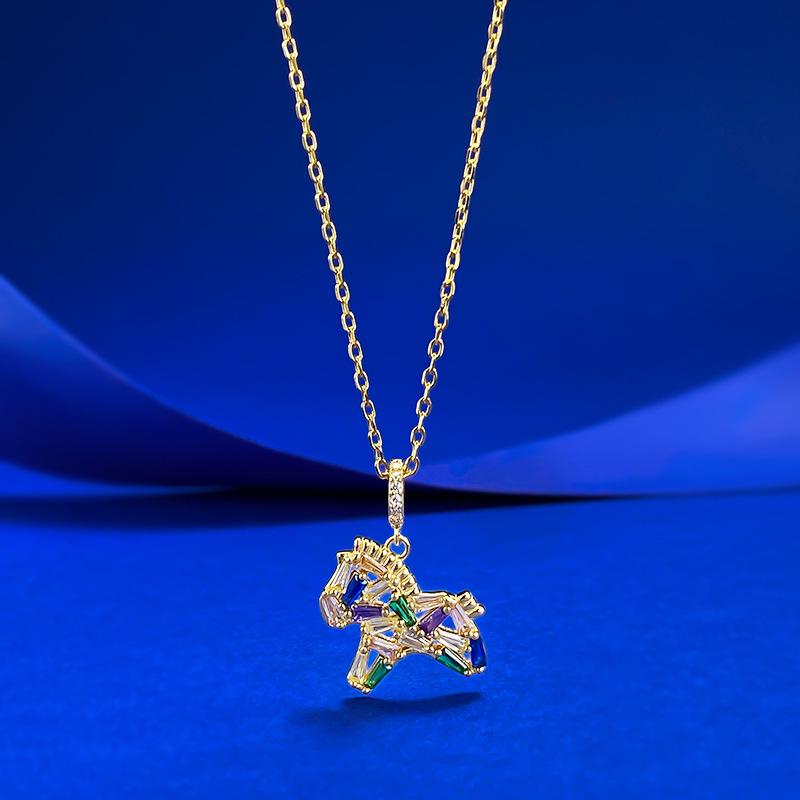 2026 Zodiac Year S925 Silver Rock Candy Diamond Horse Necklace Pendant 925 Silver
