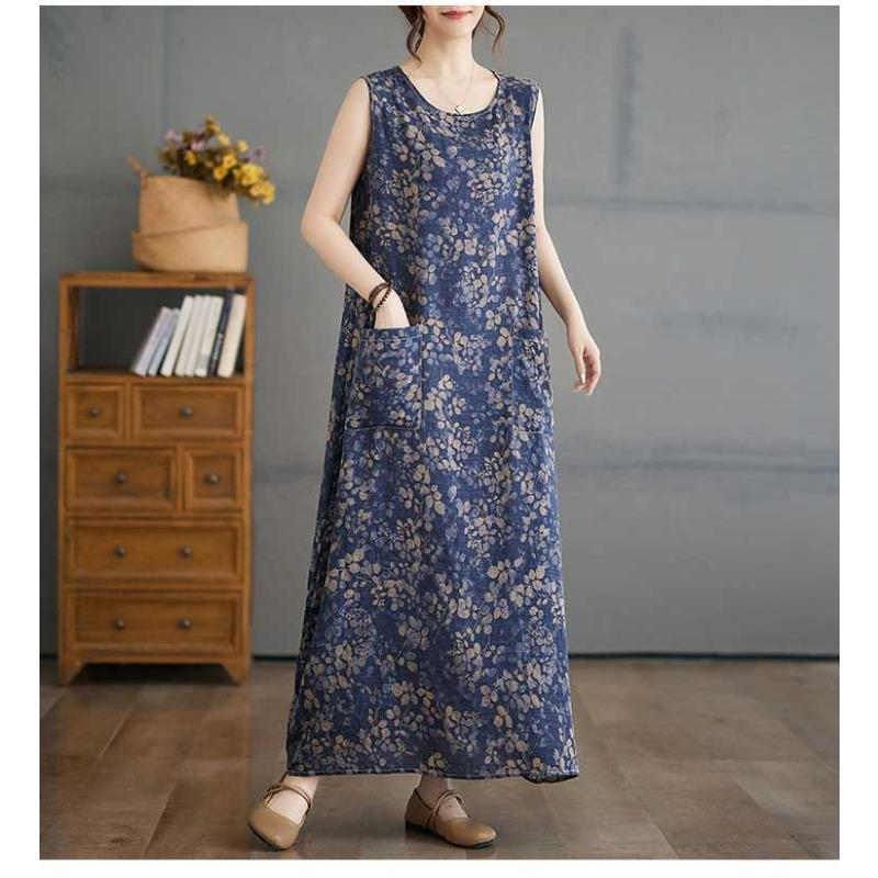Retro Floral Cotton and Linen Halter Dress - Stylish Loose Lightweight Sleeveless Blouse-style Dress for Women