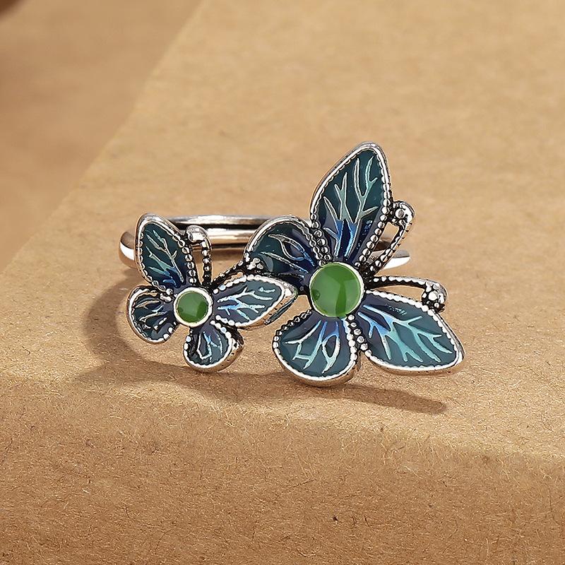 Exquisite Enamel Double Butterfly Rings Women Retro Ethnic Style ,Verse Adjustable Handdress 
