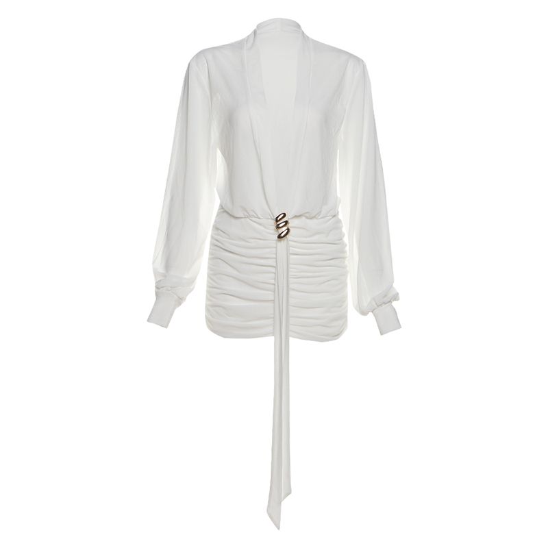 

# Sisjuly# European and American Sexy Monica Ring Buckle Pleat Ribbon Design Deep V Perspective Long sleeve dress Women White S