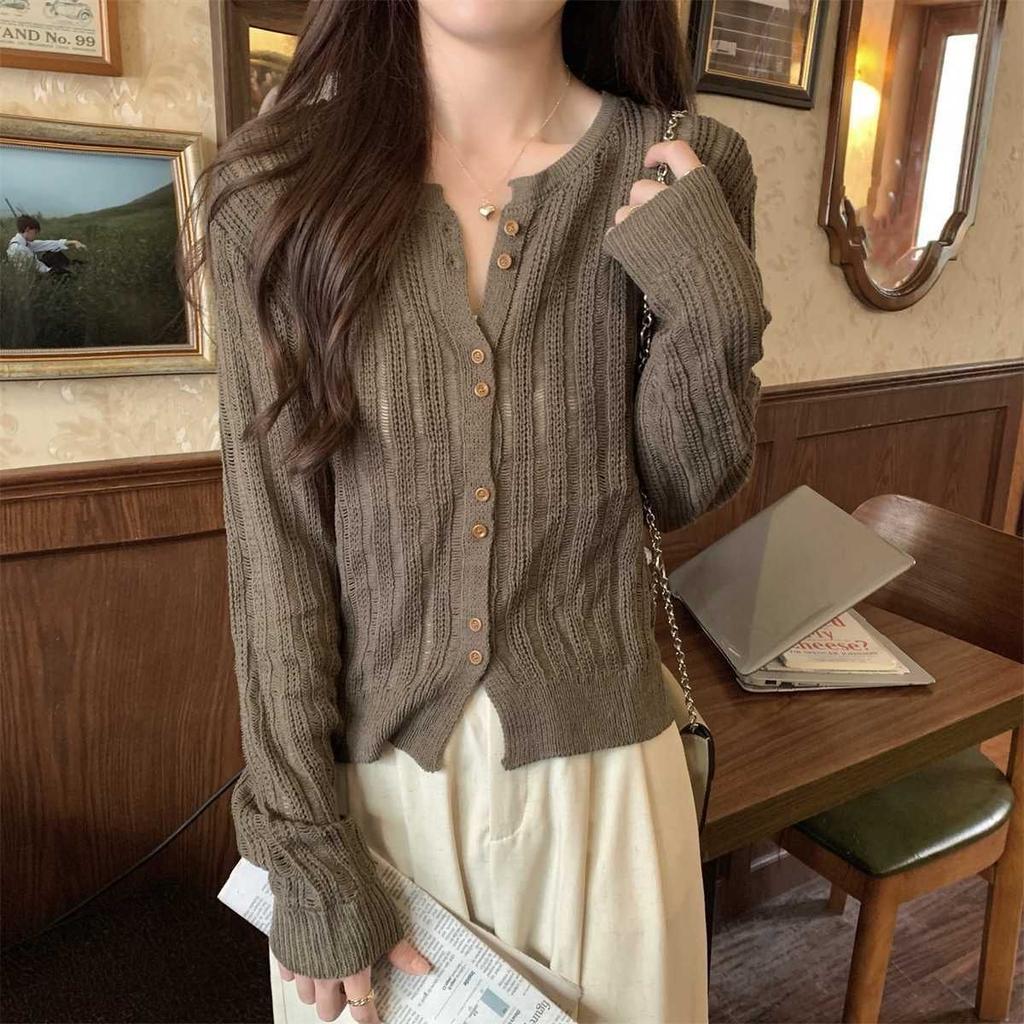 Hollowed-out Knitted Sweater for Women Long-sleeved Korean-style Knitted Cardigan Loose Knitted Sweater Top Sweater