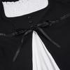 French Patchwork A-line Doll Top: Pleated Square Neck, Long Sleeve, Lace-up Waist, Autumn Winter Style for Women.
