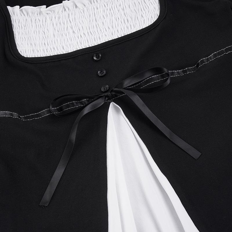 French Patchwork A-line Doll Top: Pleated Square Neck, Long Sleeve, Lace-up Waist, Autumn Winter Style for Women.