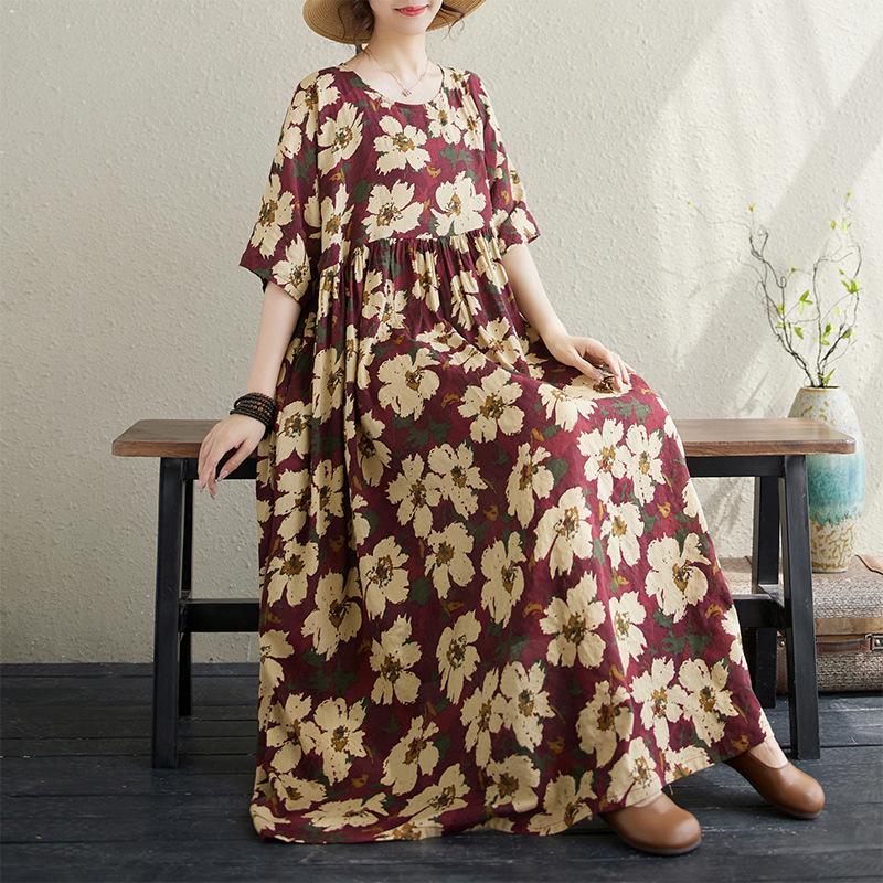 Summer Literary Plus Size Round Neck Pullover Mid Length Short Sleeved Dress for Women Casual Dresses