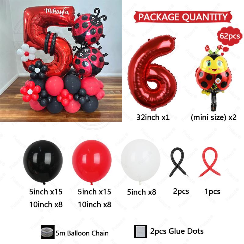 62pcs LadyBug Foil Balloons Garland Arch Kit Red Number Foil Ballon 1-9 Black Dot Happy Birthday Banner Party Decors Air Globos