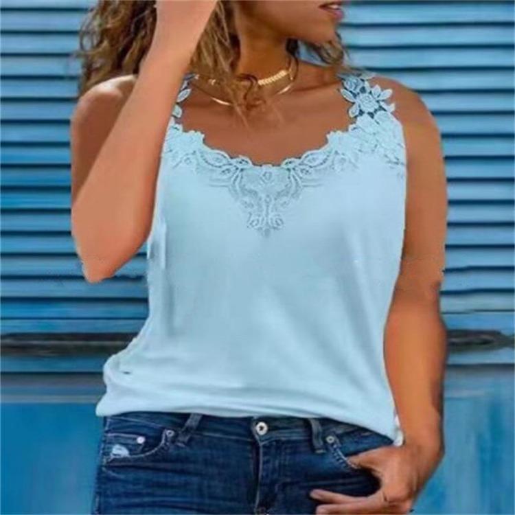 Canotta Estiva Slim Fit Senza Maniche da Donna Colore Unico Stampa Pizzo Girocollo Top