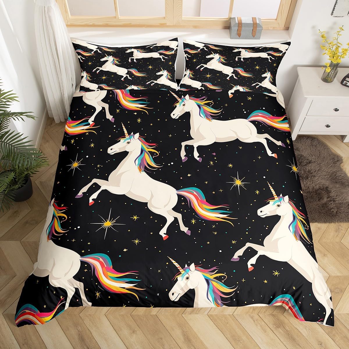 

Cartoon Unicorn Duvet Cover Star Floral Bedding Set Microfiber Kawaii Comforter Cover Full Queen For Boys Girls Bedroom Decor EU Single(135x200cm)