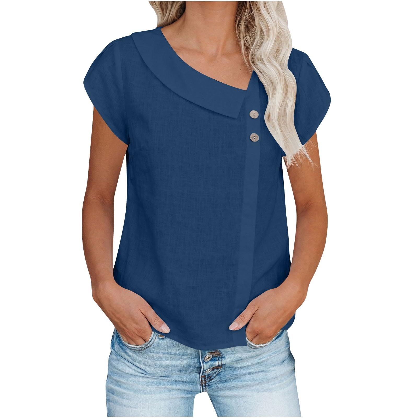 

Women s Casual -Color Half-Moon Neck Button-Down Cotton-Linen Loose-Fit Top L тёмно-синий