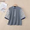 ZANZEA Women Casual Stand Collar Splice 3/4 Sleeve Loose Blouse