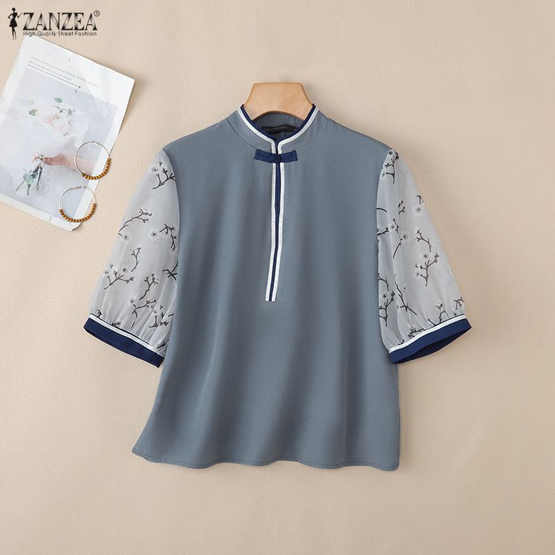 ZANZEA Women Casual Stand Collar Splice 3/4 Sleeve Loose Blouse