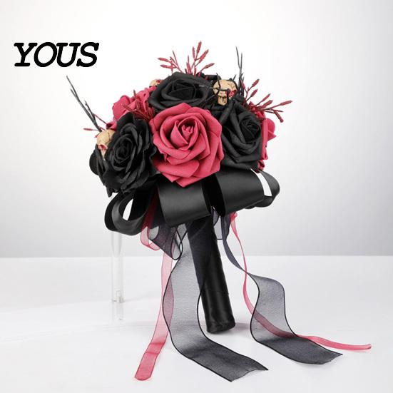 Dead Branch Floral Decor Gothic Wedding Bride Bouquet, Artificial Black Red Rose Flower Bouquet Faux Arrangement with Skeleton Hand Pumpkin Skull for