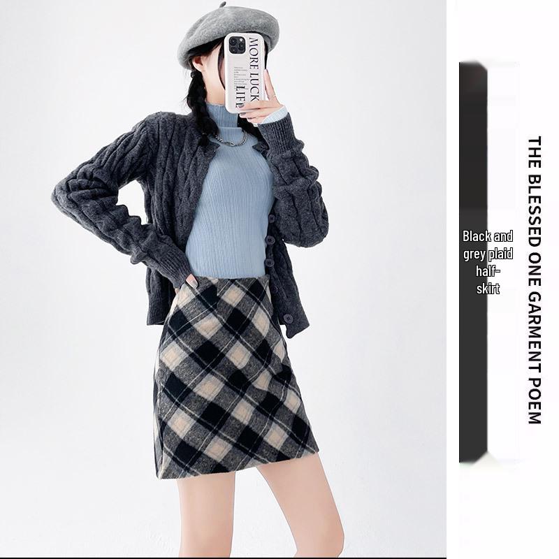 Women s High Waist A-Line Plaid Wool Blend Skirt - Retro Slimming Hip Wrap for Spring, Autumn, Winter Large