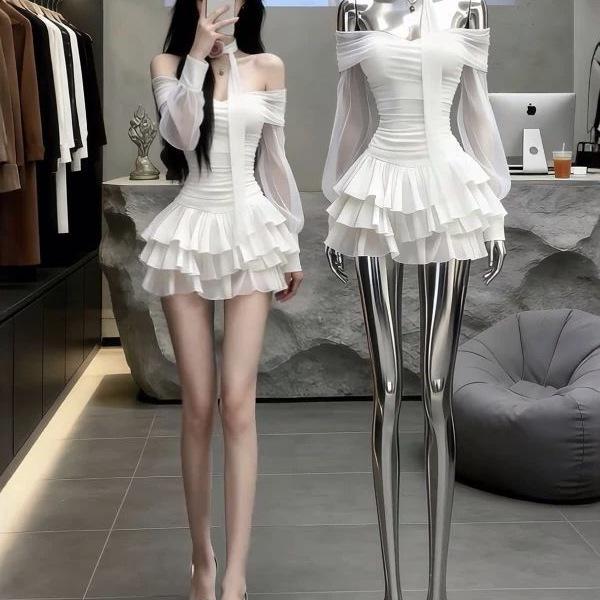 Women's White One-Shoulder Ruffle Long Sleeve Dress: Autumn/Winter Princess Style Gown with Puffy Skirt