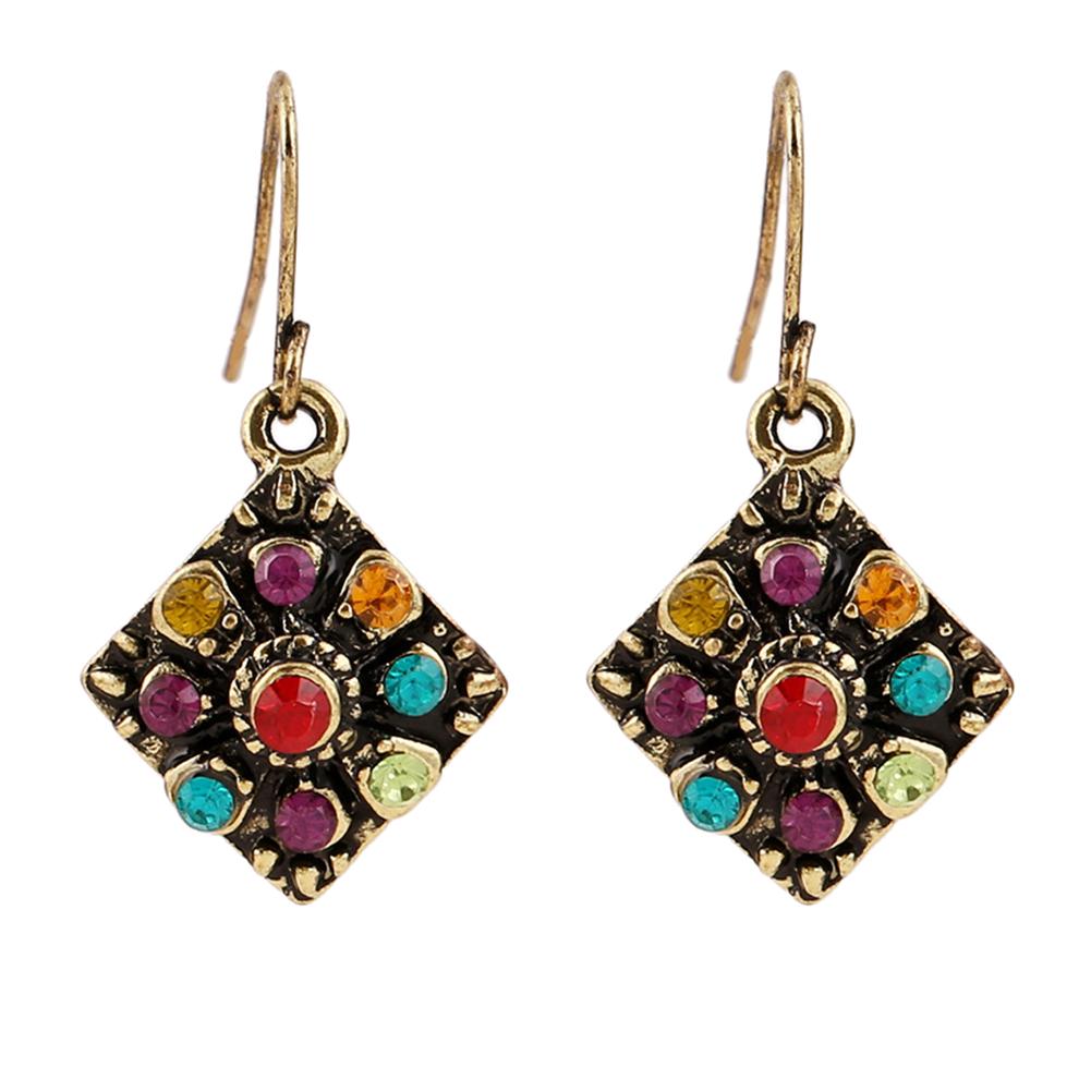 Stylish Bohemian Rhombic Colorful Rhinestone Charm Hook Earrings Women Party Jewelry Jewelry Gift