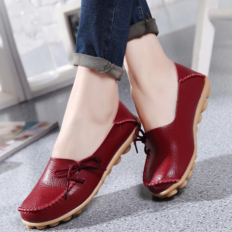 2025 Plus Size Women's Shoes, Two-layer Cowhide Mother Shoes, Casual and Versatile Single Shoes, Comfortable Bean Women's Shoes
