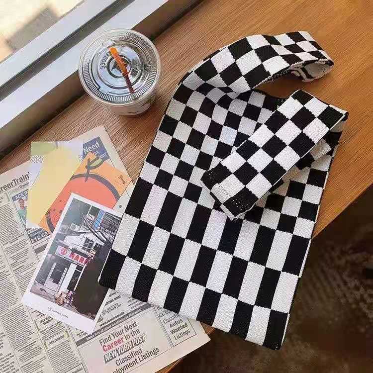 Women's Bags Niche Stripes Simple Texture Trendy Small Objects Contrast Color Stripes Checkerboard Knitted Shopping Bag Handbag