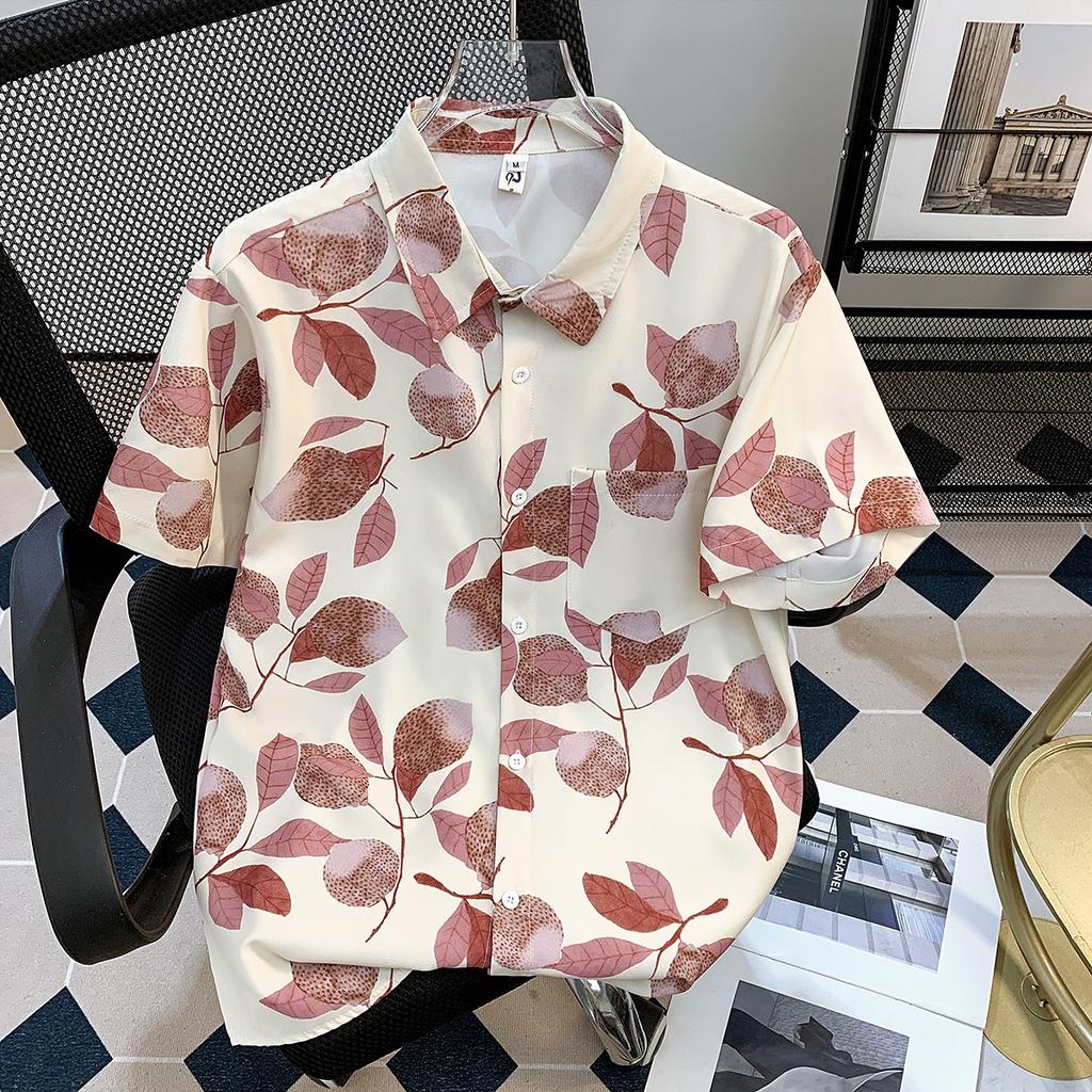 Hawaiian Full Printed Short-Sleeved Floral Shirt Men's Summer Thin Vacation Style Ice Silk Cool Half-Sleeved Loose Shirt