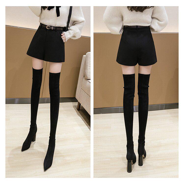 2024 Damen Schwarze Wollhose mit Hoher Taille, Slim Fit, Weitem Bein für Herbst und Winter