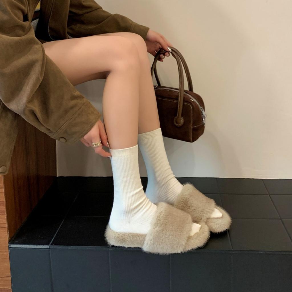 2025 New Autumn and Winter Mao Mao One-word with Open Toes and Half Tows, Wearing Mao Mao Open Toes Commuter Women's Warm Slippers