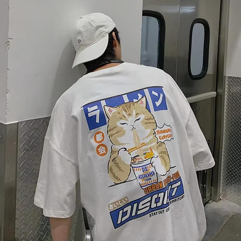 Japan Style Harajuku Cat Cartoon Eating Noodles Graphic Men's Tshirts Oversized T Shirt Clothing Casual Unisex Short Sleeve Tees