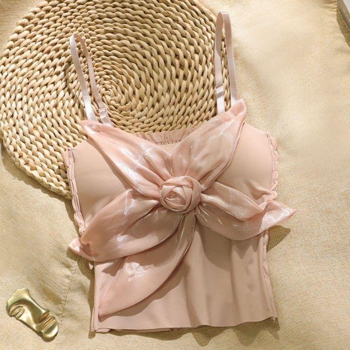 

Французский короткий топ-майка с нагрудной подушечкой, темперамент знаменитости, переливающийся трехмерный цветок, для женщин, лето, ощущение высокого класса, горячая девушка one size розовый