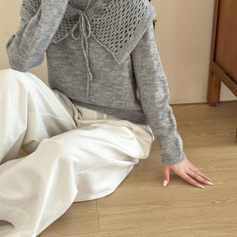 Autumn and Winter New Design Sense Hook Flower Hollow Lace-up Lapel Knitted Sweater Women's Loose Age-reducing Pullover Sweater Tide