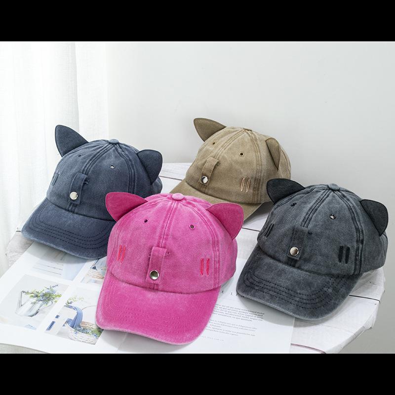 Women Cute Cat Ear Baseball Cap Vintage Wasned Cotton Peaked Caps Unisex Breathable Adjustable Streetwear Hip-Hop Dad Hat