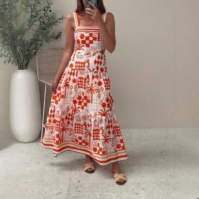 Vestido estampado com contraste de cores feminino de verão