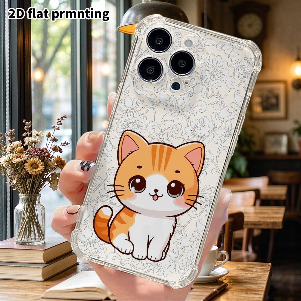 Phone Case: 2D flat suitable for iPhone 18 17 16 15 14 13 Pro, transparent corner protection case, orange little kitten, Christmas and Halloween gift
