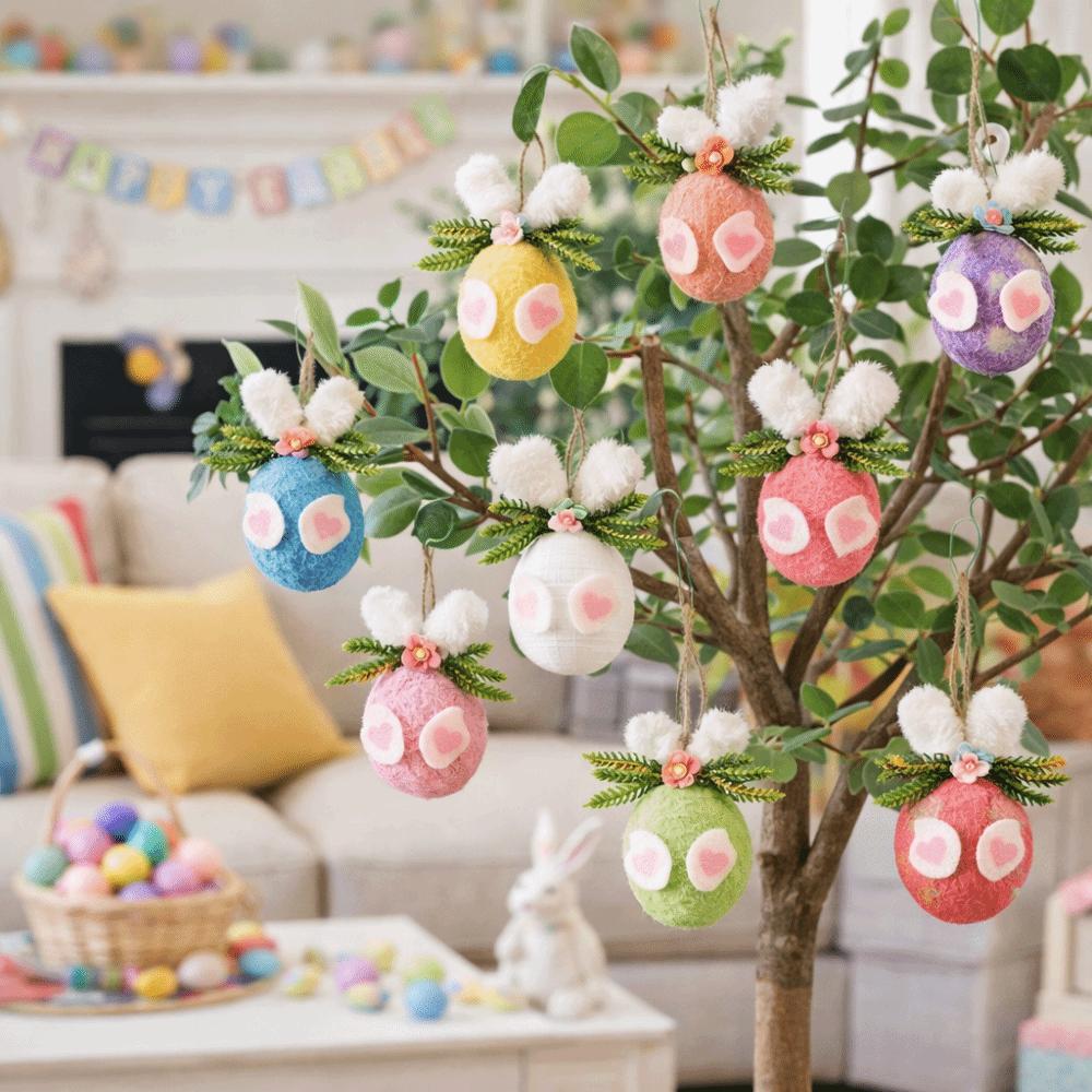 Flower Dot Easter Eggs Gift Colorful Felt Egg Pendant Easter Hanging Ornaments Tree Pendant Party