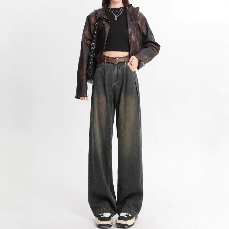 American Retro Women's High-Waisted Wide-Leg Jeans - Autumn/Winter Style Loose Drapey Mop Pants.