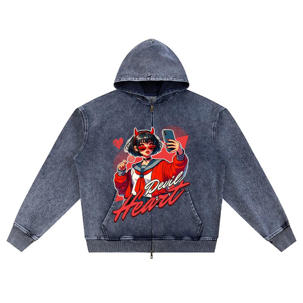DTG Print Knitted Denim Zip-Up Hoodie Manga Graphic Brother Print Zipper Hoodies