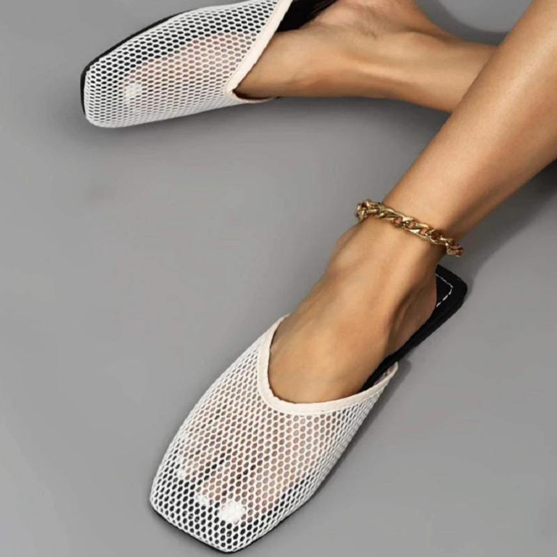 Women's Slippers New Fashion Mesh Flat Bottom Square Toe Flip Flops Hollow Casual Simple Sandals Ladies Plus Size Chinelo Nuvem