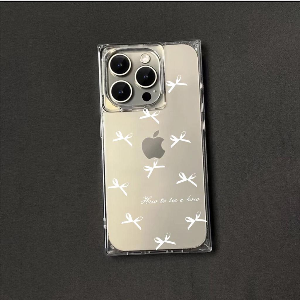 Square Back Tube Protection Clear Case For iPhone 16 ProMax 12 13 15 Plus 14 Pro Max 11 Anti-Oxygen,White Bow Tie Pattern Casing