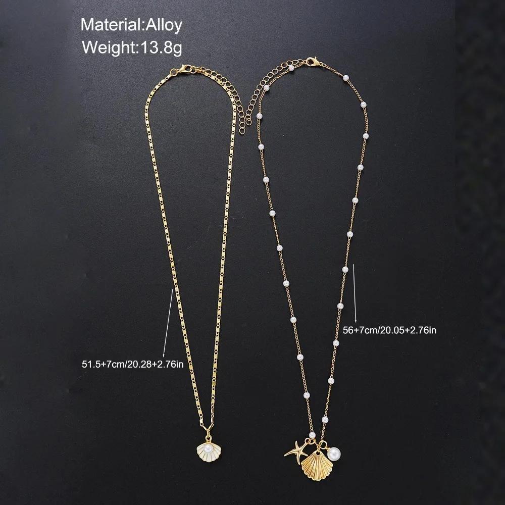 2pcs Set Fashion Boho Gold Color Marine Shell Starfish Pendant Pearl Chain Multi-layer Fold Wear Necklace for Women Jewelry Sets