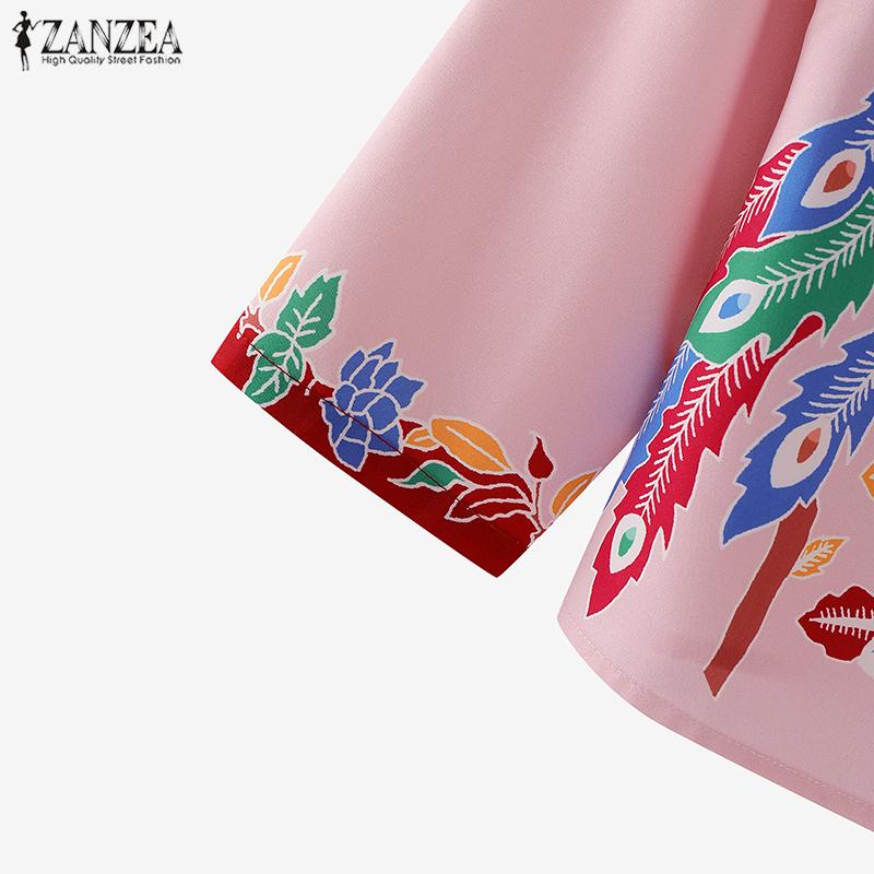 ZANZEA Women Casual Round Neck Summer 3/4 Sleeve Print Blouse