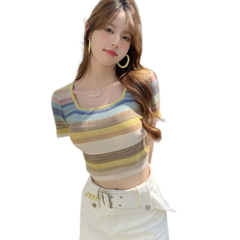 

Корейский короткий рукав укороченный облегающий дышащий квадратный вырез в полоску