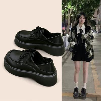 Pantofi mici din piele în stil retro, pantofi unici loafer cu platformă neagră versatilă cu vârf rotund pentru femei